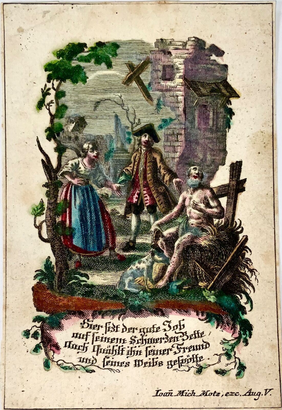 1730 Prophète Job, carte sainte dévotionnelle Johann Michael Motz, originale colorée à la main 