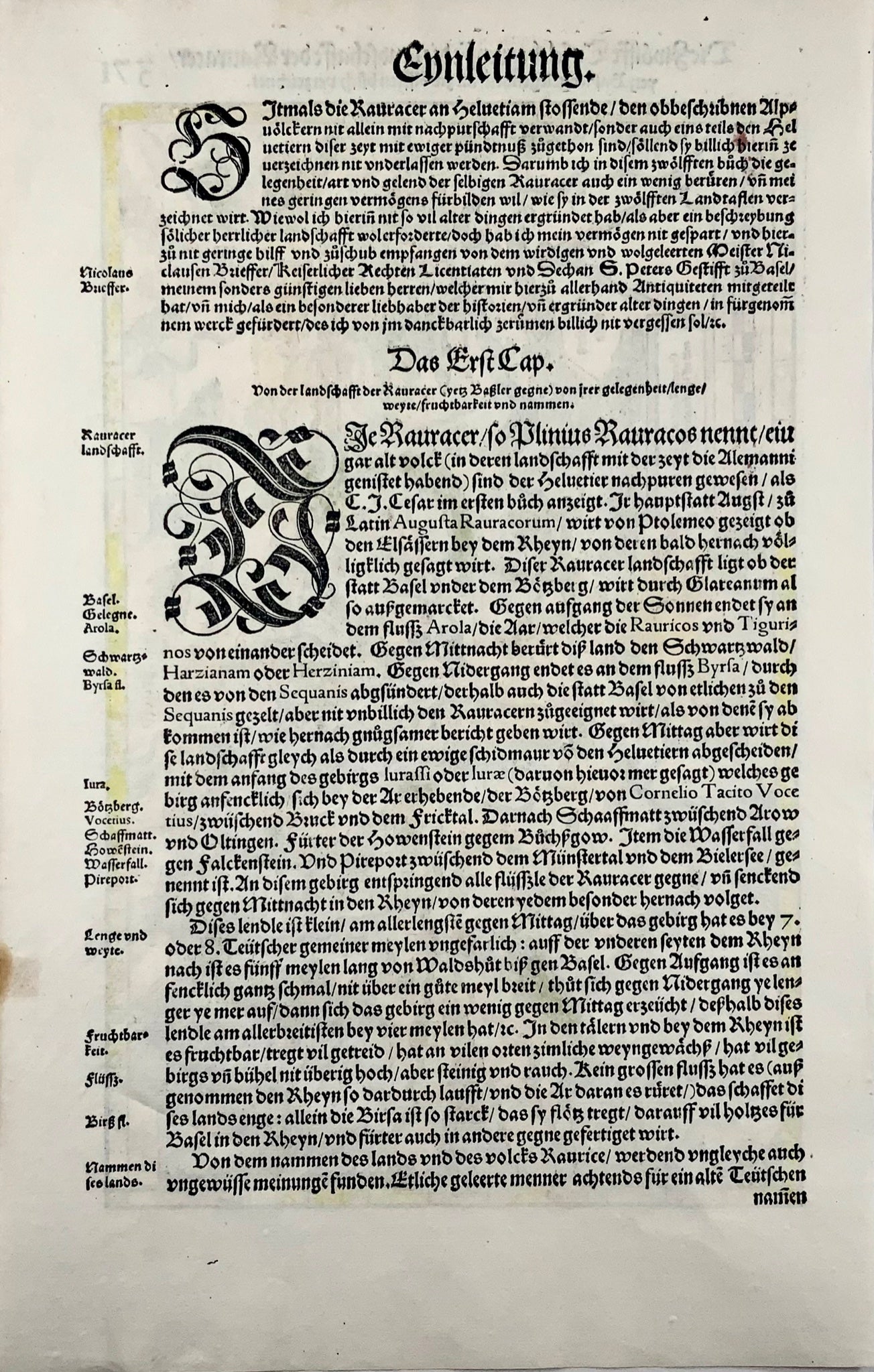 1548 Jean. Stumpf, Rhin, Allemagne, Suisse, carte gravée sur bois folio