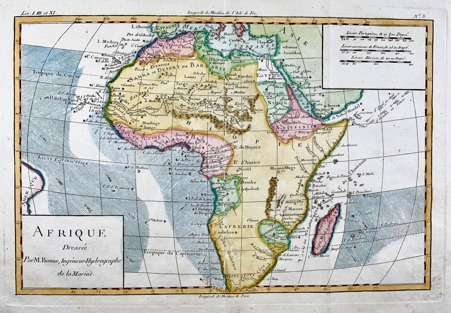 1780 Africa, Bonne, hand coloured, copper engraved map