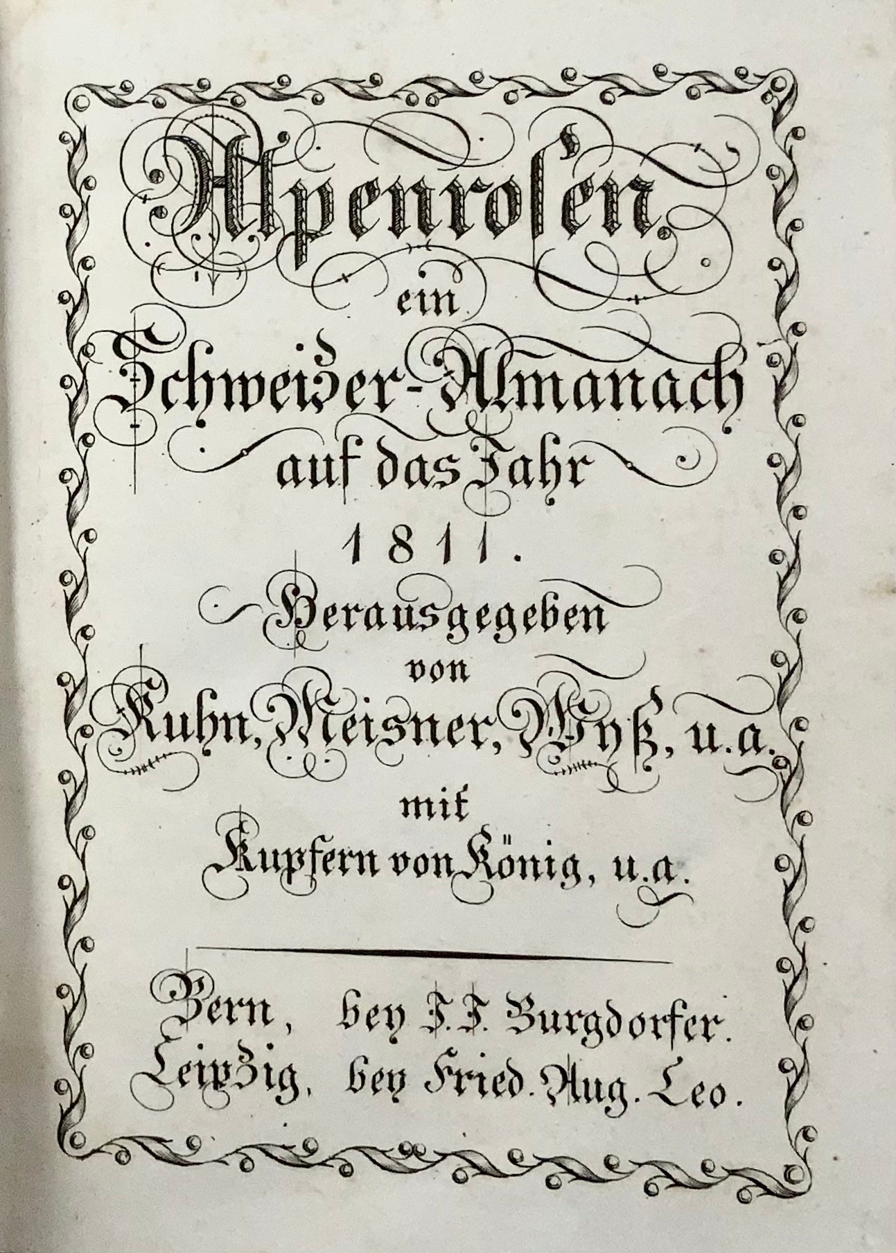 1811 Robinsonade, Almanach, Alpenrosen, Kuhn, Meisner, Wyss, 6 planches, 2 notations musicales, littérature, Suisse