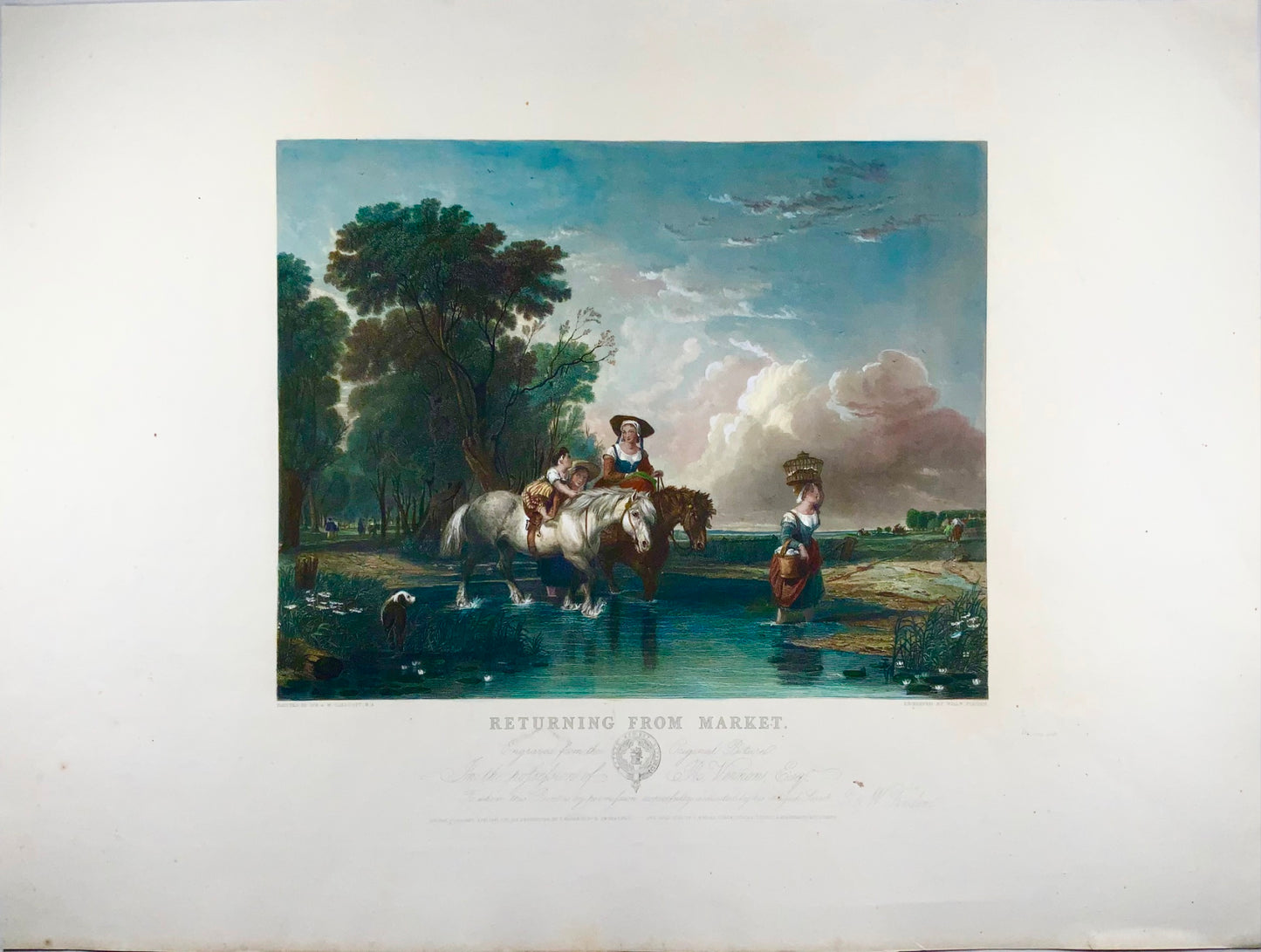 1845 De retour du marché, AW Calcott, très grande gravure colorée de 55 cm, paysage