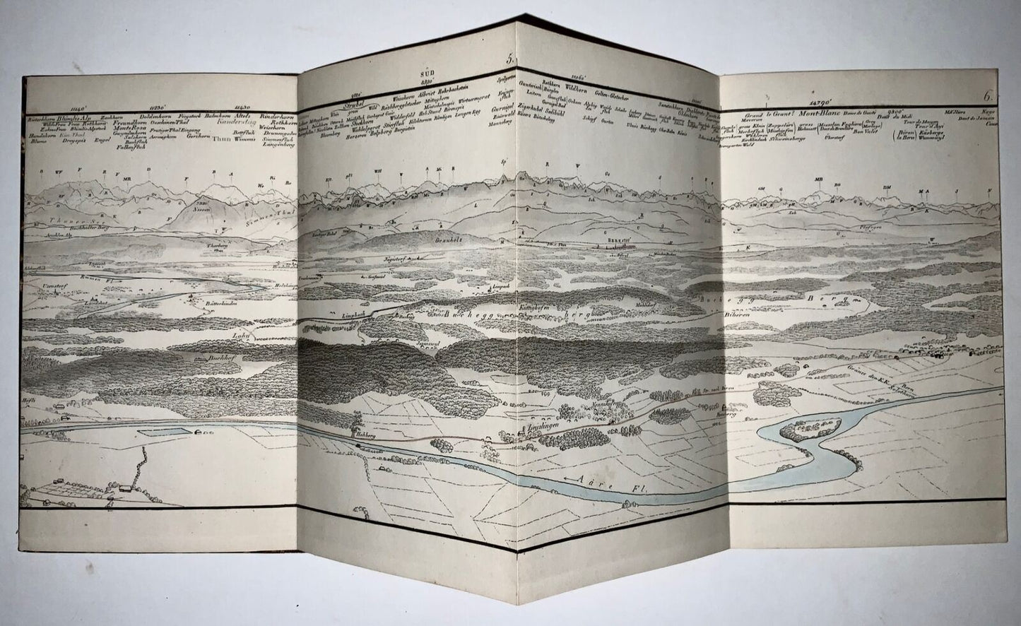 1822 H. Keller, Suisse, panorama aquatinte Oberland bernois col. 192 cm, alpinisme 