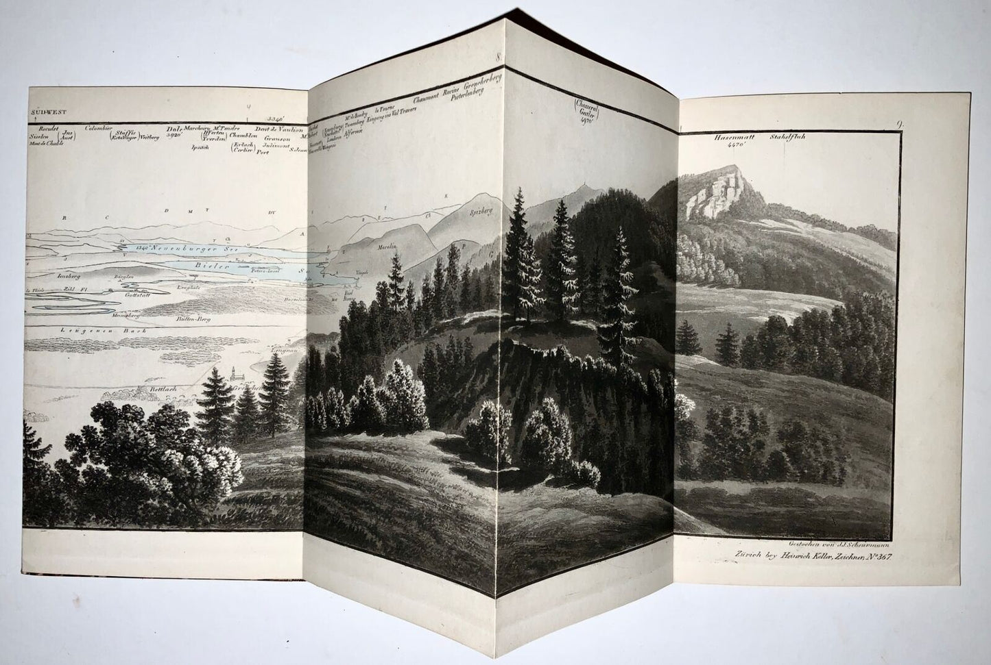 1822 H. Keller, Switzerland, aquatint panorama Bernese Oberland hand col. 192 cm, alpinism