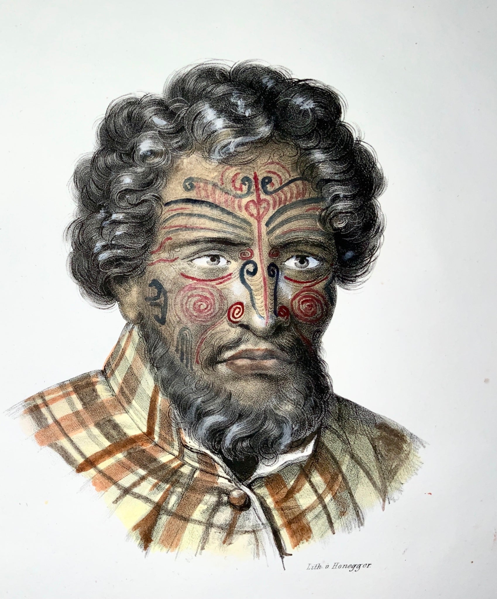 1840 Tattooed Chief from NEW ZEALAND hand colored FOLIO lithograph - Ethnology, Travel