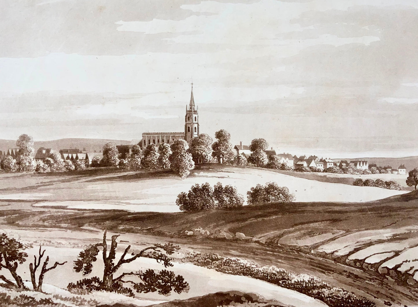 1821 Chelmsford, Essex, Sepia aquatint by Mawman after Shepherd