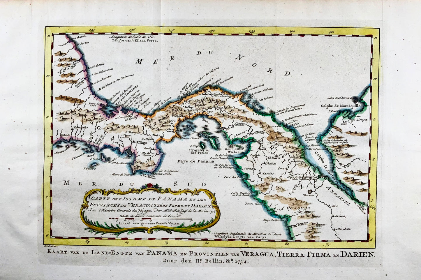 1754 Schley, Bellin, carte du Panama, golfe de Darien, Amérique centrale 