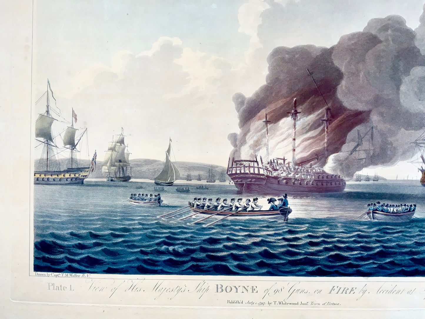 1797 Ensemble de 2 Grandes Aquatintes, Maritime, Explosion du 'HMS' Boyne - Histoire Militaire