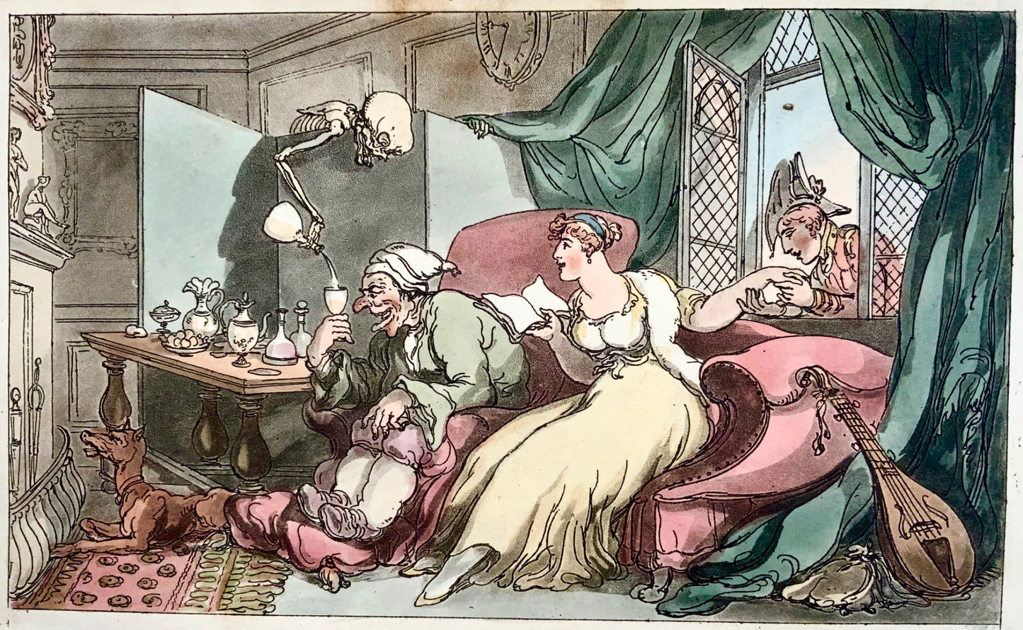 1815 Thomas Rowlandson, Dance of Death, caricature, humour, hand colored aquatint, the Drunkard
