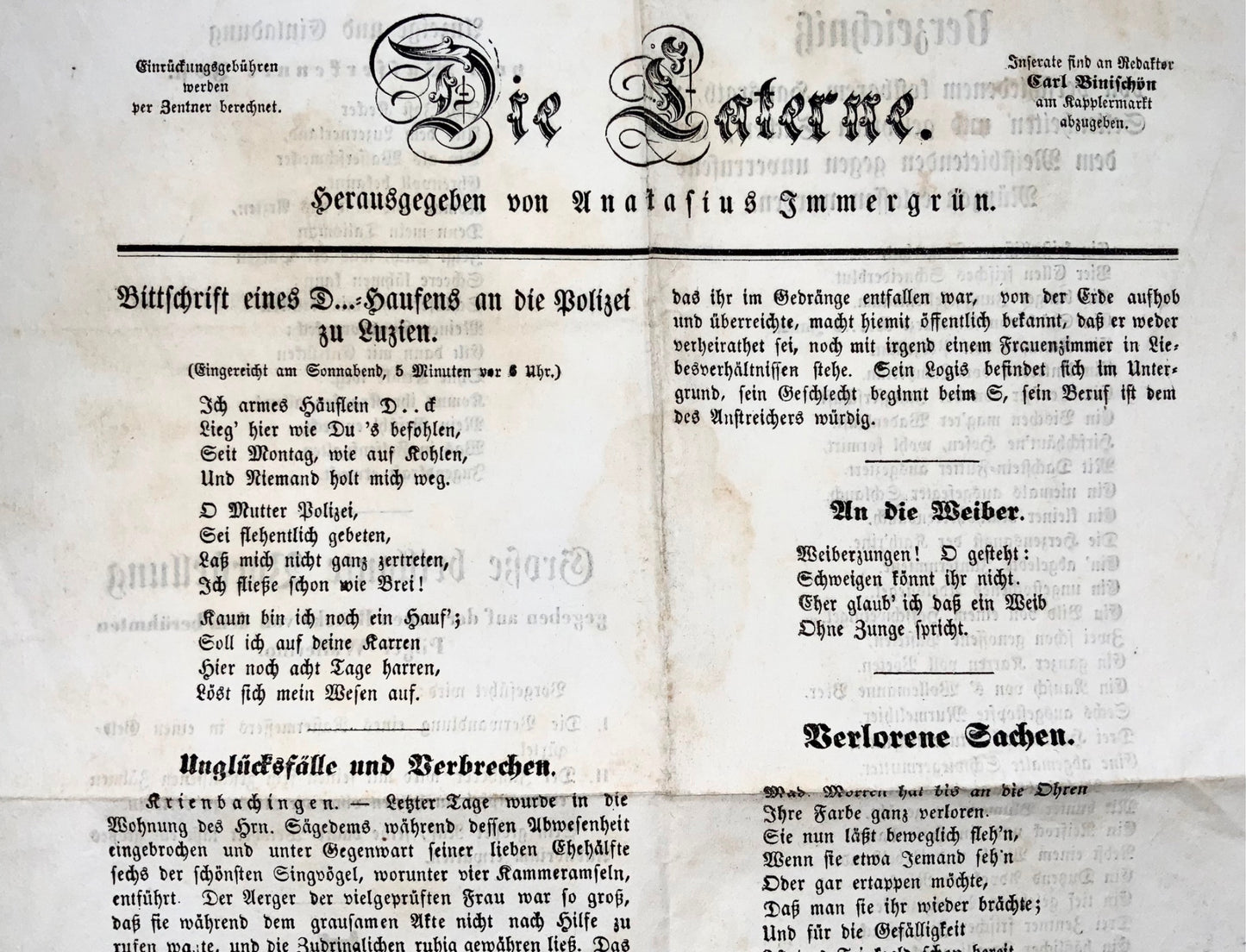 1871 Journal du Carnaval 'Die Laterne', Lucerne, Suisse