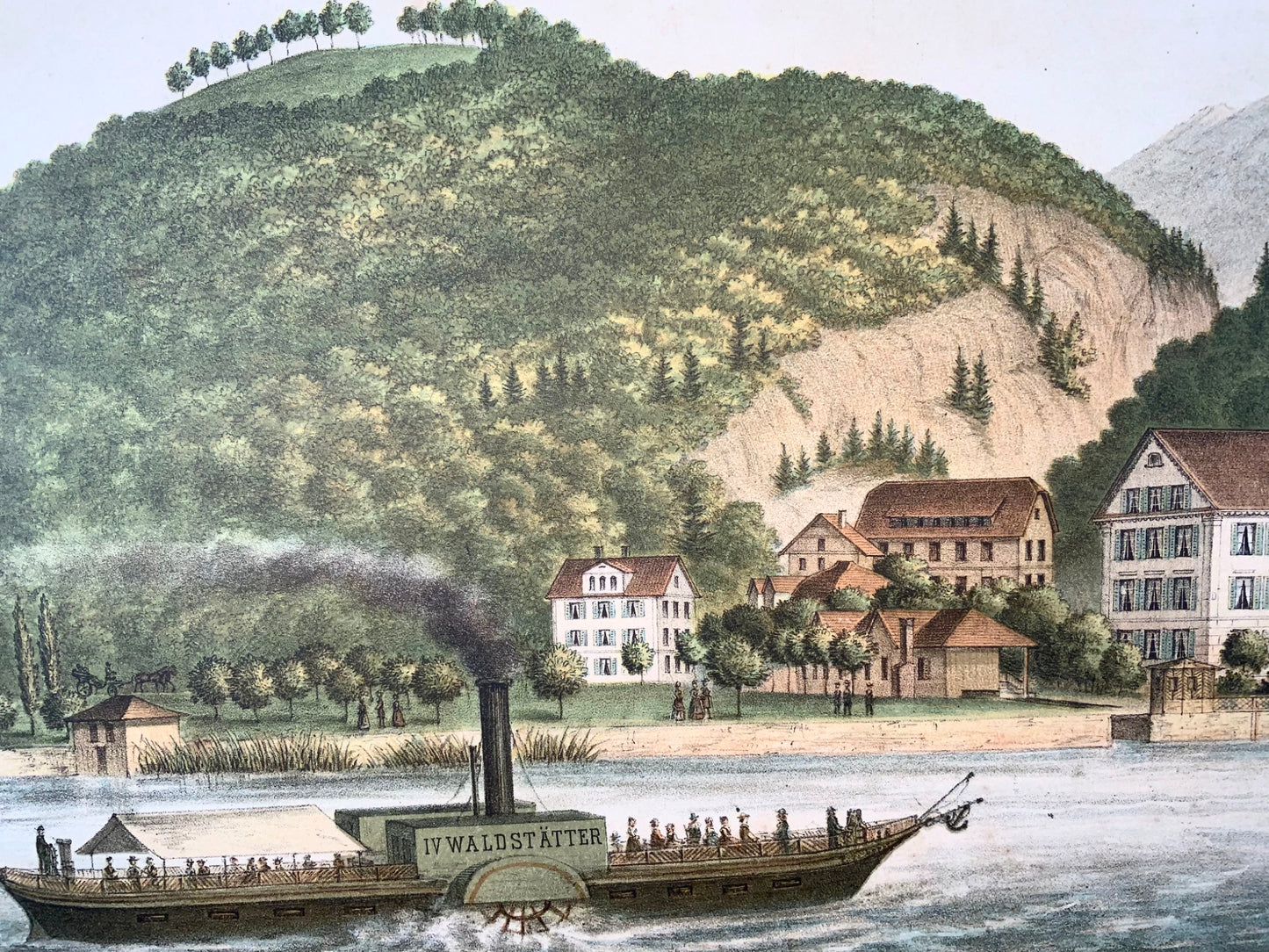 1860 vers. SWISS TRAVEL Affiche 55x62 cm Bateau à vapeur Rotzloch Stanstadt