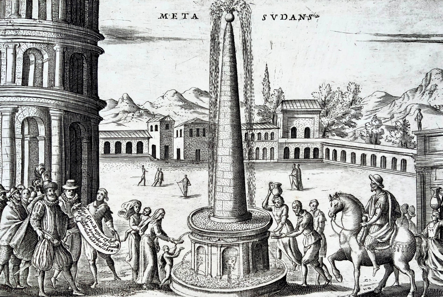 1624 Lauro, Meta Sudans, near Colosseum, Rome Italy, Copper engraving