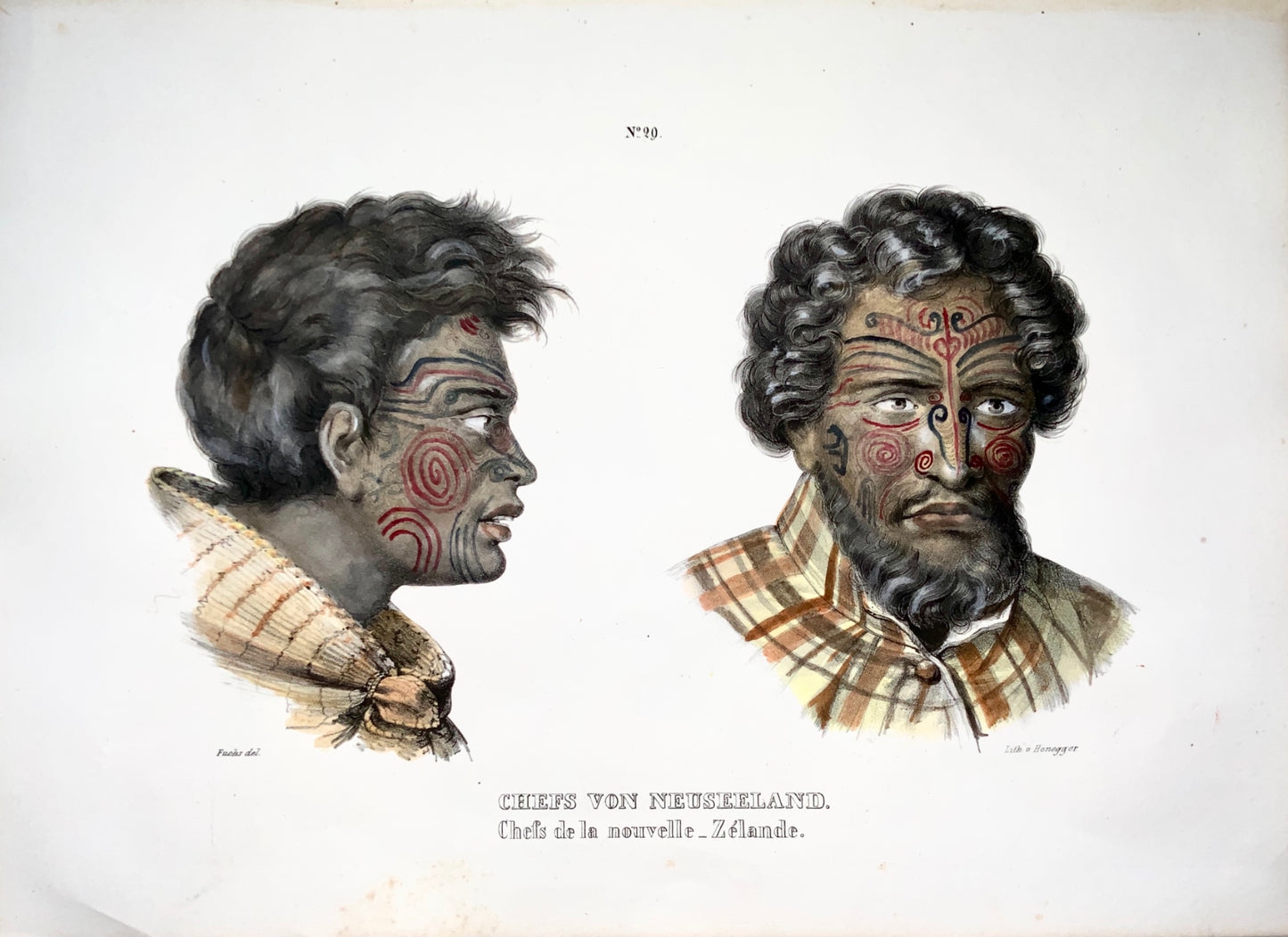1840 Tattooed Chief from NEW ZEALAND hand colored FOLIO lithograph - Ethnology, Travel