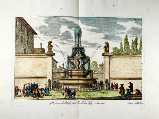 1679 Susanna von Sandrart, Fontaine Bracciano à Rome, Italie, double in-folio coloré à la main, architecture classique