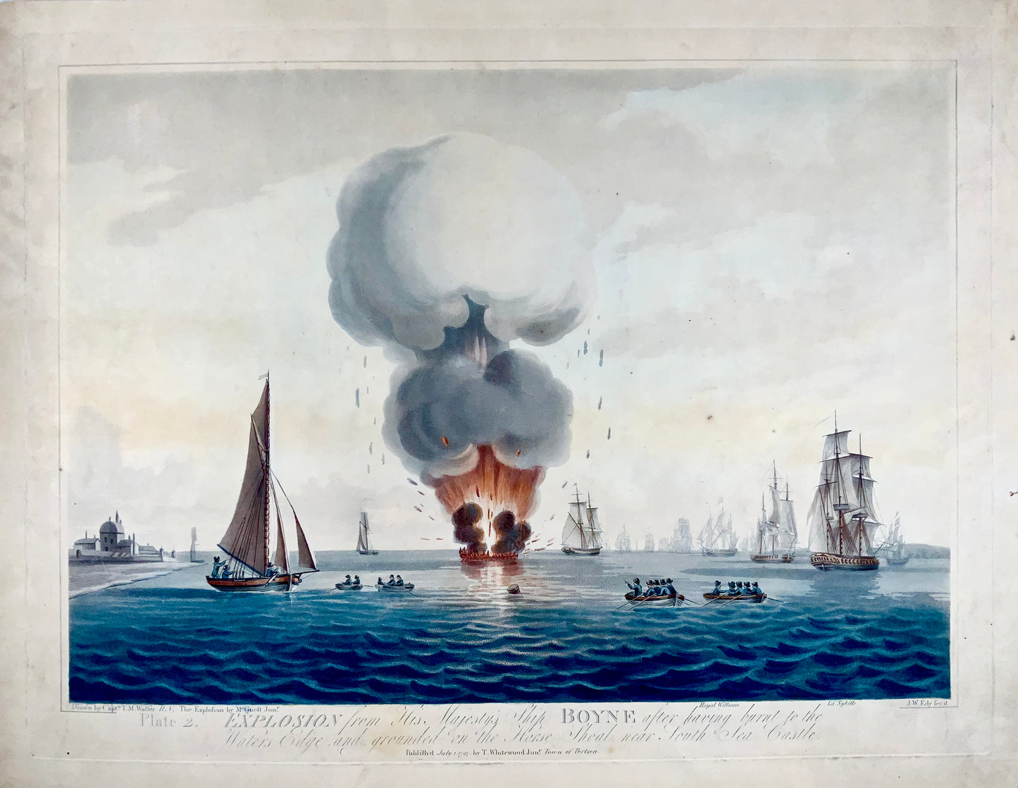 1797 Ensemble de 2 Grandes Aquatintes, Maritime, Explosion du 'HMS' Boyne - Histoire Militaire