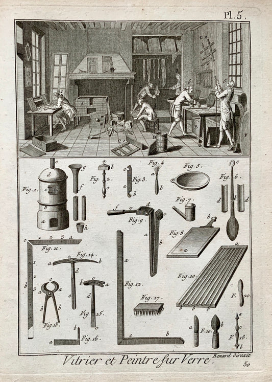 1787 GLAZIER - Vitrier - Set of 8 engravings on the Fitting of Glass - Trades