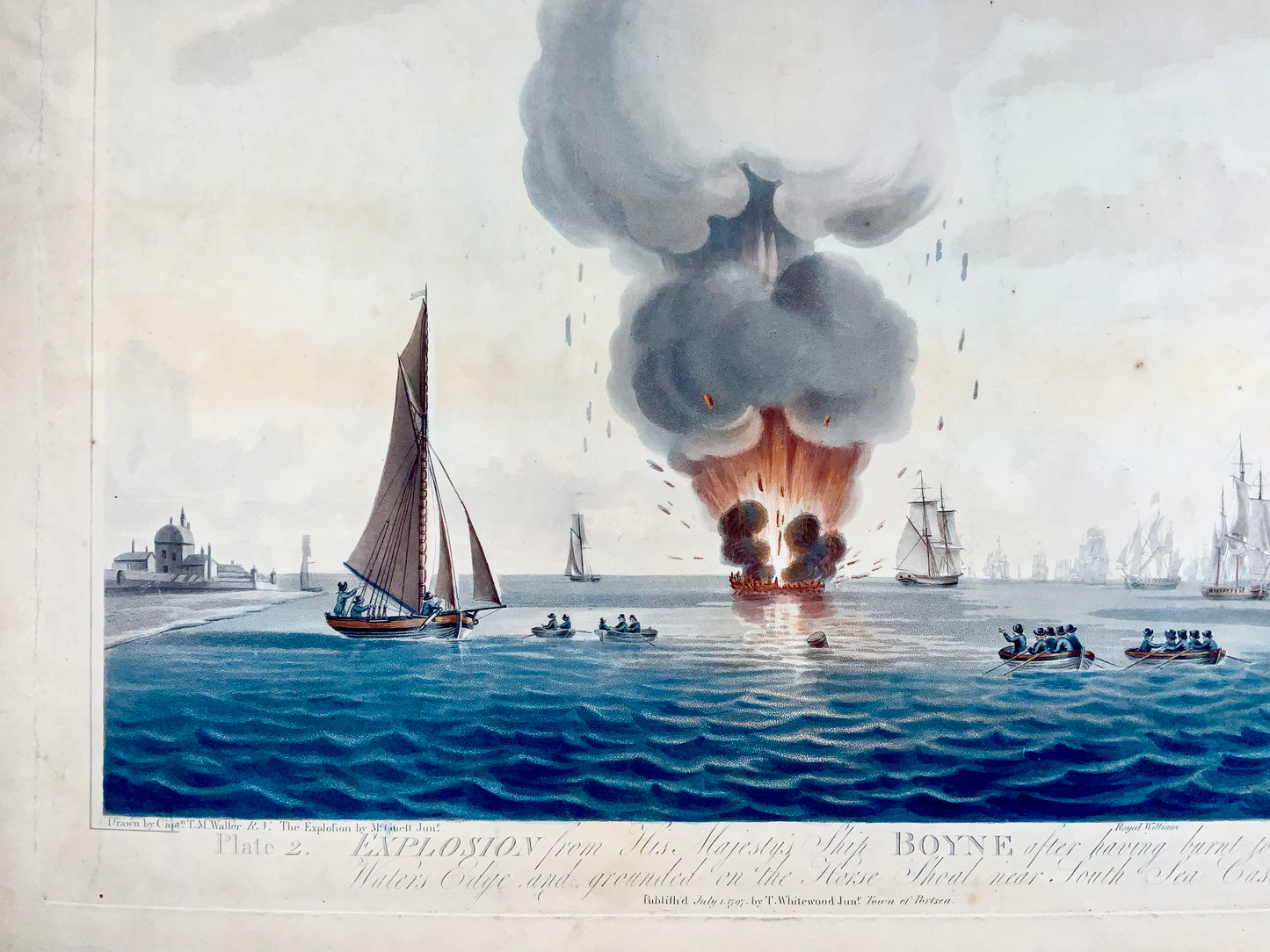 1797 Ensemble de 2 Grandes Aquatintes, Maritime, Explosion du 'HMS' Boyne - Histoire Militaire