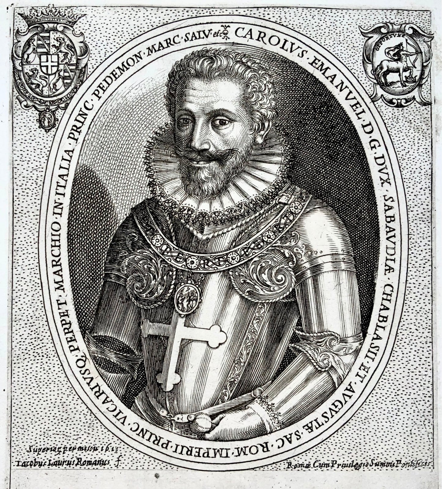 1613 G. Laurus PORTRAIT de Carlo Emanuele Ier, duc de Savoie - gravure sur cuivre