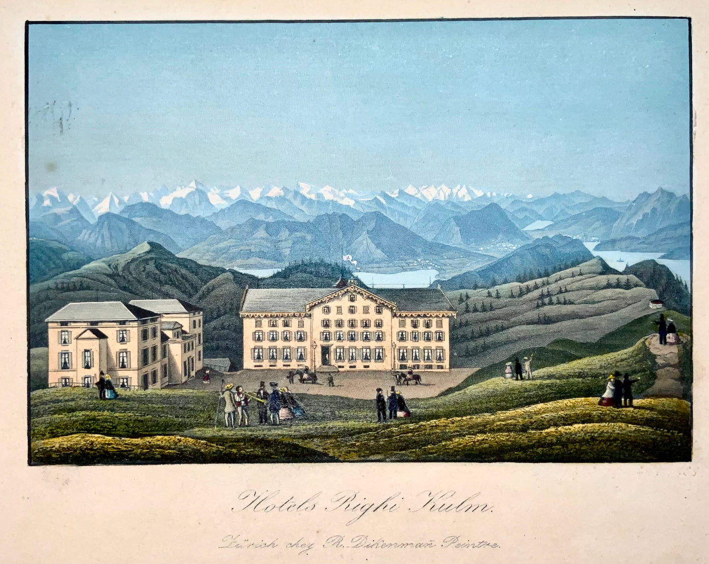 1850 Rigi Kulm, Dickenman, Suisse, aquatinte colorée