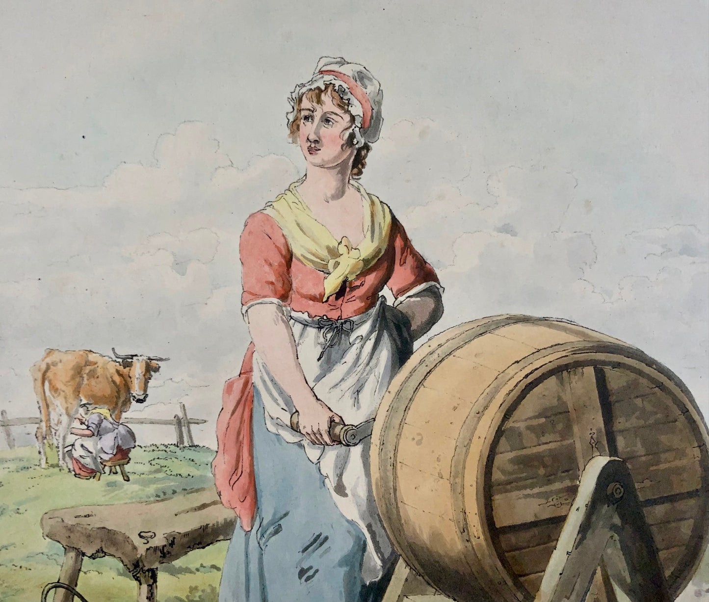 1805 Milk Maid, beurre, traite, Wm Miller, aquatinte in-folio avec couleur à la main, agriculture, métiers