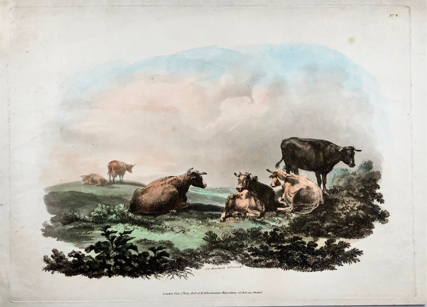 1808 JF Manskirsh, Bétail au pâturage, Grande aquatinte colorée à la main, Agriculture