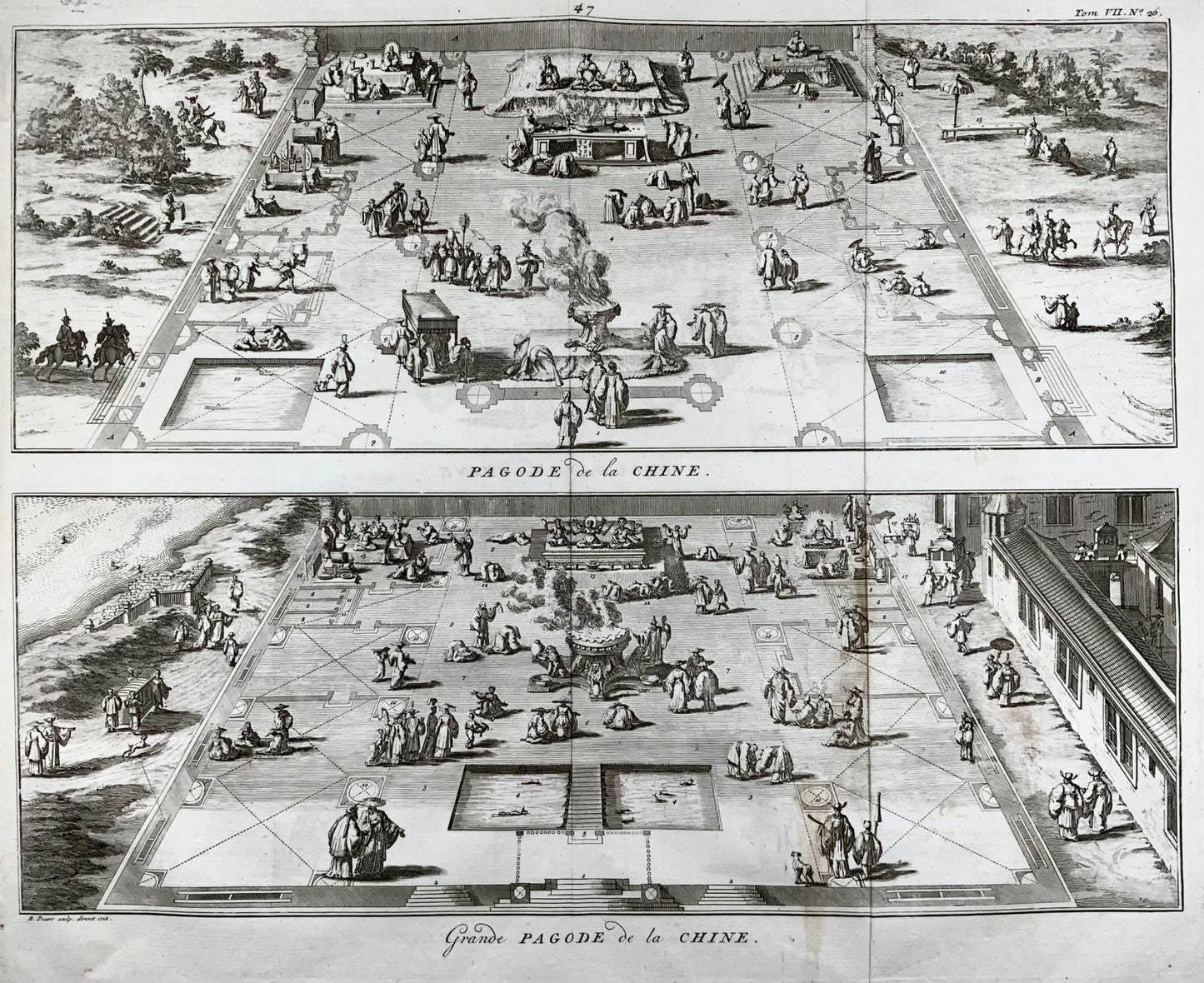 1728 B. Picart, Grande Pagode de Chine, gravure double in-folio, topographie étrangère