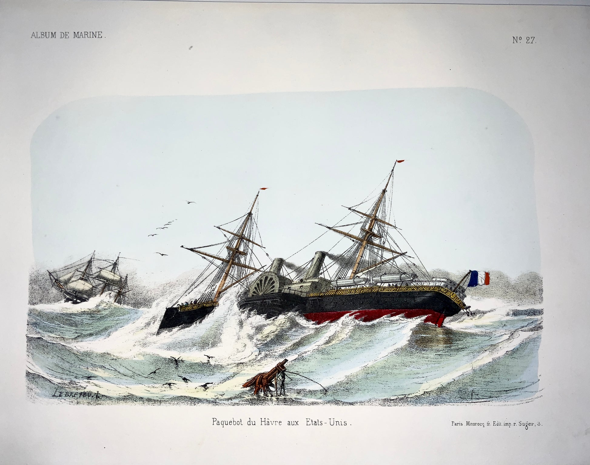 1860 c. L. Lebreton - Ocean Line Ship US - Folio stone lithograph - hand colour - Maritime