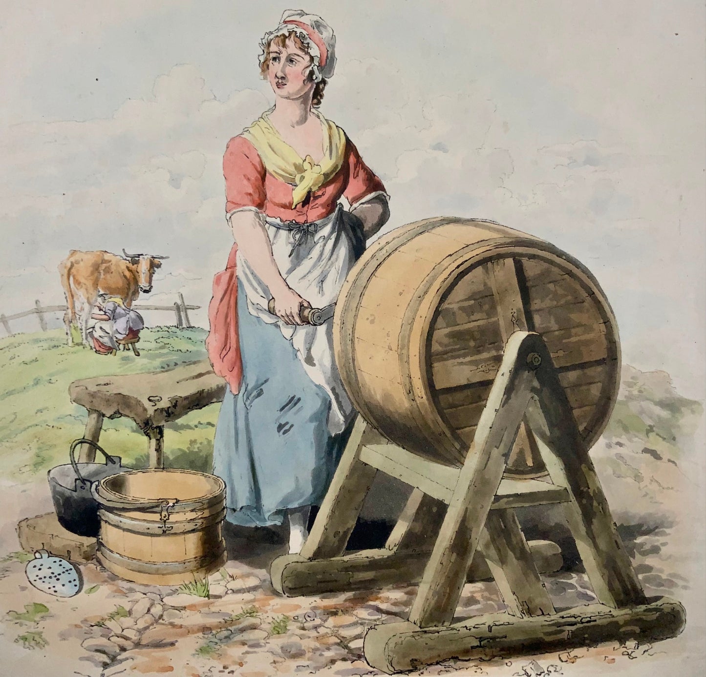 1805 Milk Maid, beurre, traite, Wm Miller, aquatinte in-folio avec couleur à la main, agriculture, métiers