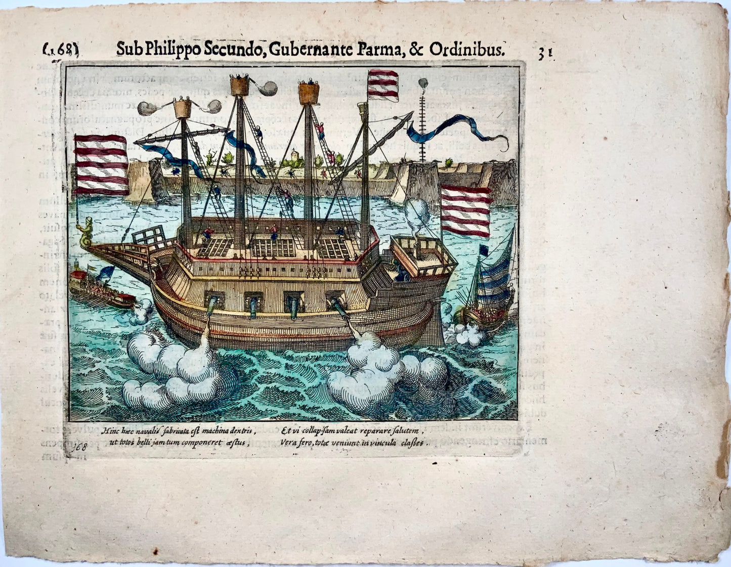 1622 Frans Hogenberg, navire blindé 'Fin de la guerre', fine gravure sur cuivre, histoire militaire