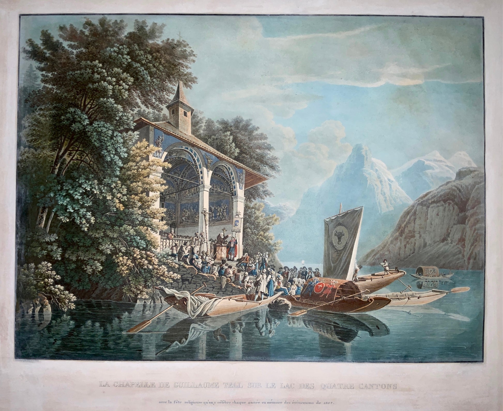 1830 G. Lory; Hurlimann - Tell’s Chapel Switzerland - Large hand col. aquatint - ‘Klein Meister’ Master Print