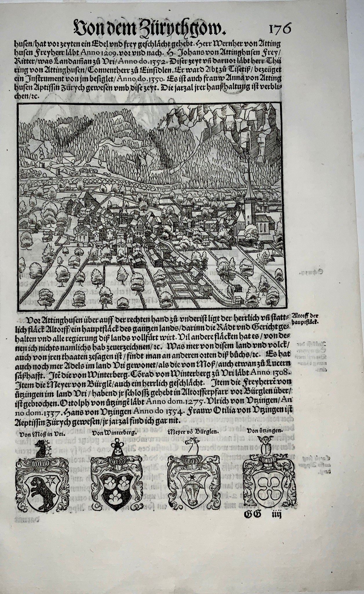 1548 Jean. Stumpf, Altdorf et Schwyz, Suisse, fine gravure sur bois Feuille