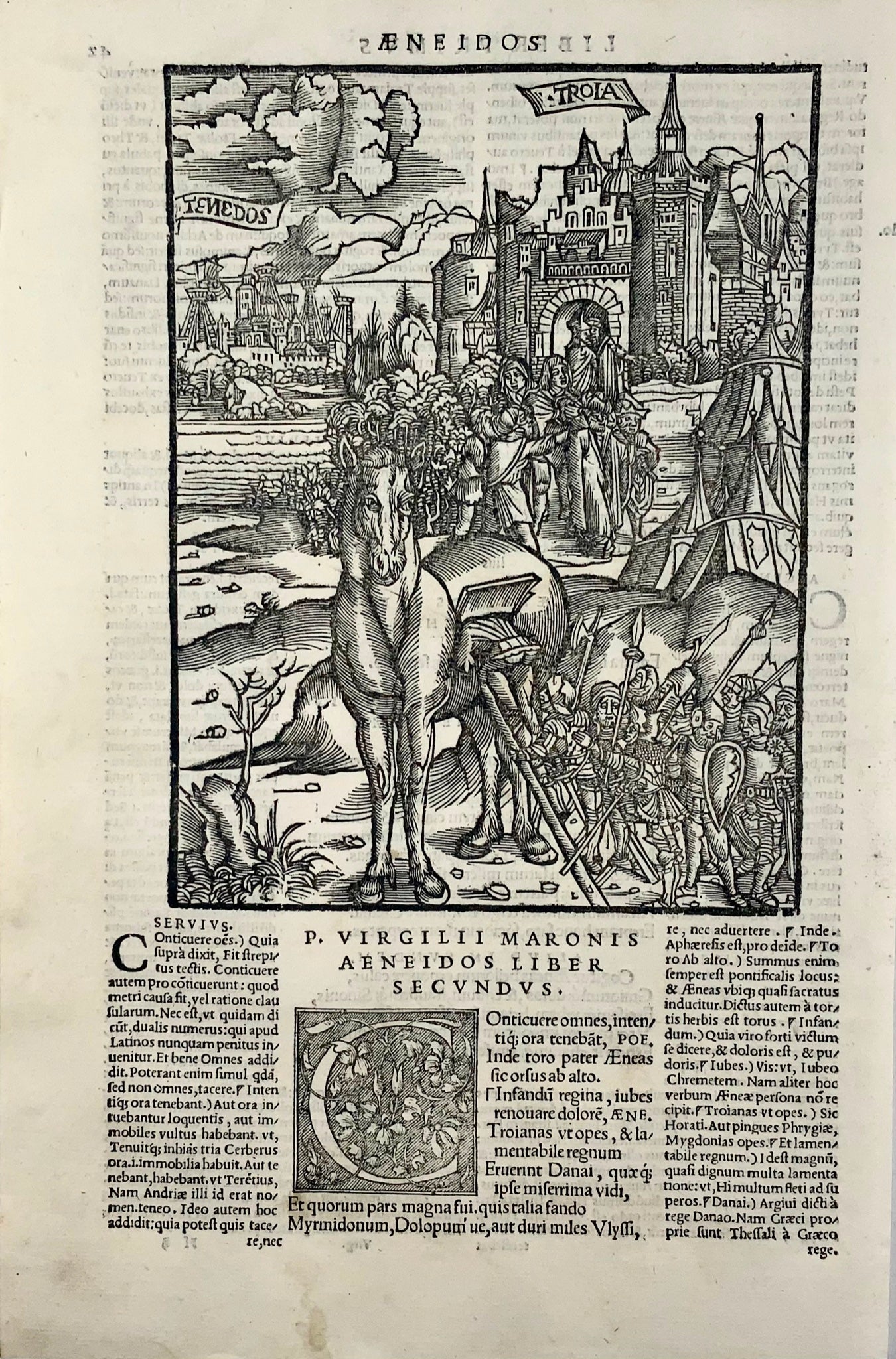 1517 Folio Gruninger woodcut leaf from Virgil’s Aeneid, Trojan Horse, mythology, master engraving