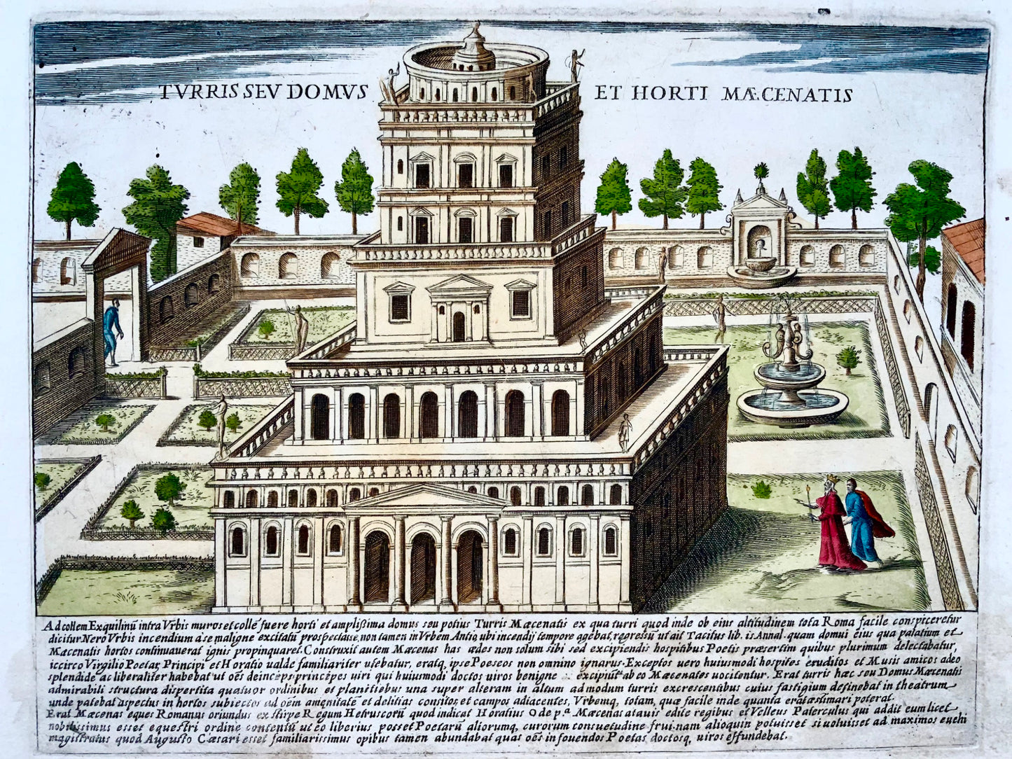 1624 G. Laurus, Gardens at Maecenas, Rome, Italy engraving