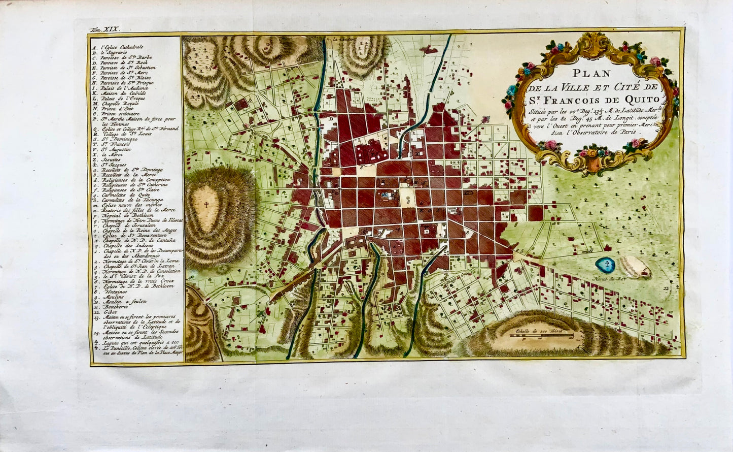 1753 Schley d'après Bellin, Équateur, Quito, plan de la ville, carte, coloriée à la main