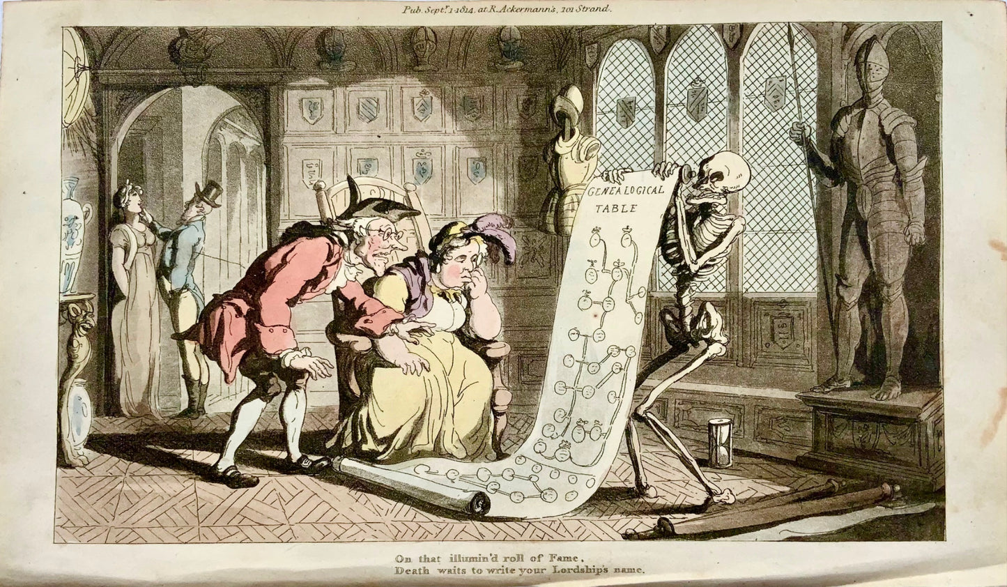 1815 Thomas Rowlandson DANSE DE LA MORT aquatinte colorée à la main GÉNÉOLOGIE