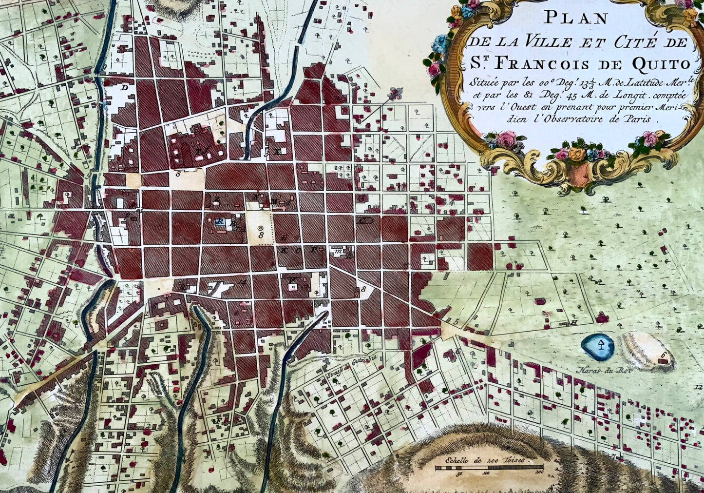 1753 Schley d'après Bellin, Équateur, Quito, plan de la ville, carte, coloriée à la main