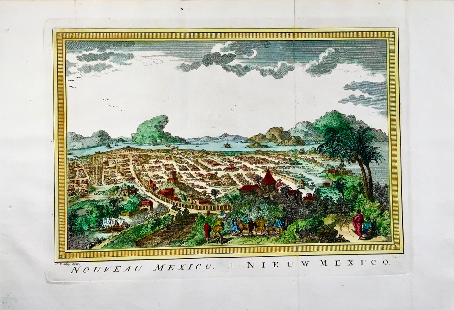 1780 JV Schley, Mexico, paysage urbain, gravure sur cuivre colorée à la main