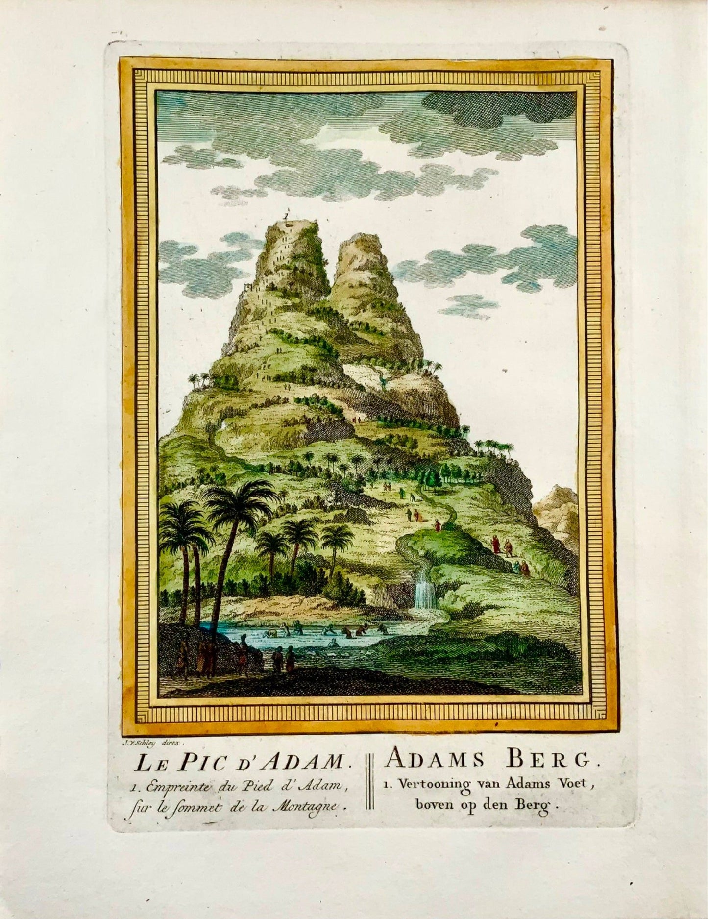 1750 Schley, Adam's Peak au Sri Lanka (Ceylan), gravure coloriée à la main