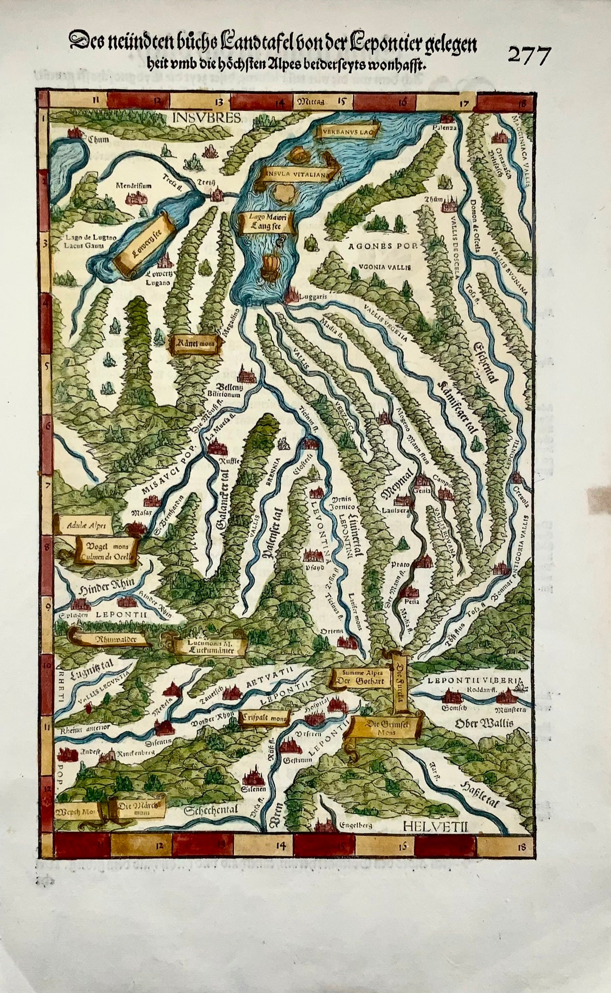 1548 Jean. Stumpf, sud de la Suisse, Tessin, Valais, carte folio gravée sur bois