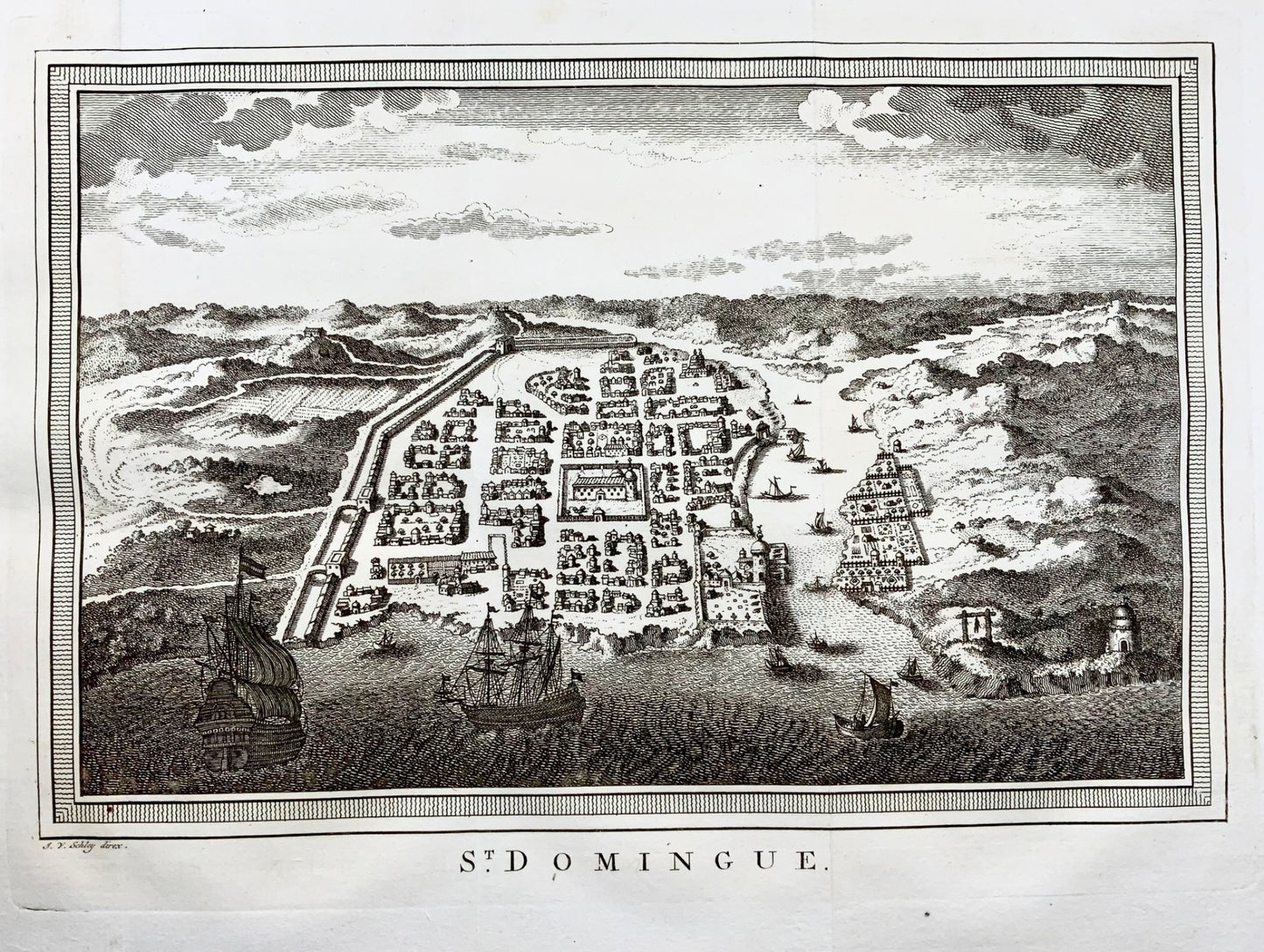 1770 Schley, Santo Domingo, Hispaniola, République Dominicaine, vue à vol d'oiseau, carte