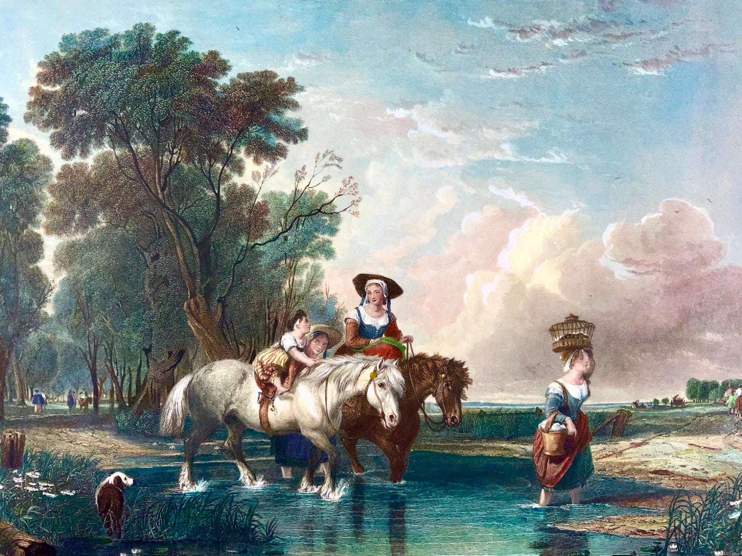 1845 De retour du marché, AW Calcott, très grande gravure colorée de 55 cm, paysage