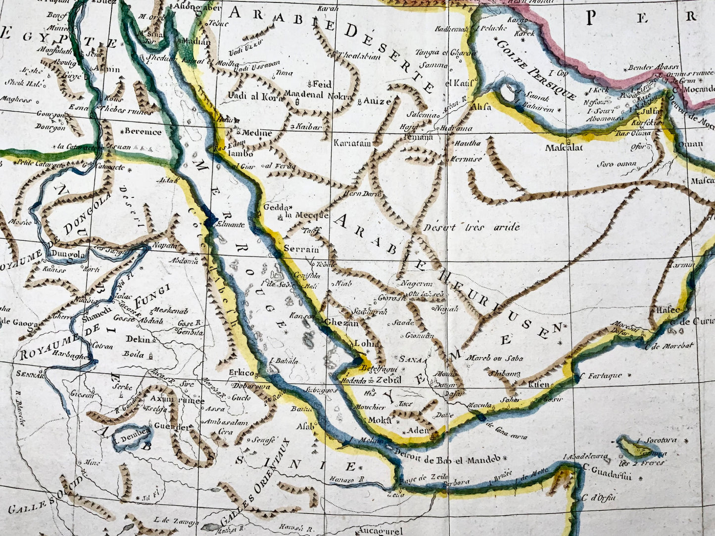 1780 Bonne, carte du Moyen-Orient, de la Perse, de la Mer Rouge, de l'Egypte, de la Nubie colorée à la main