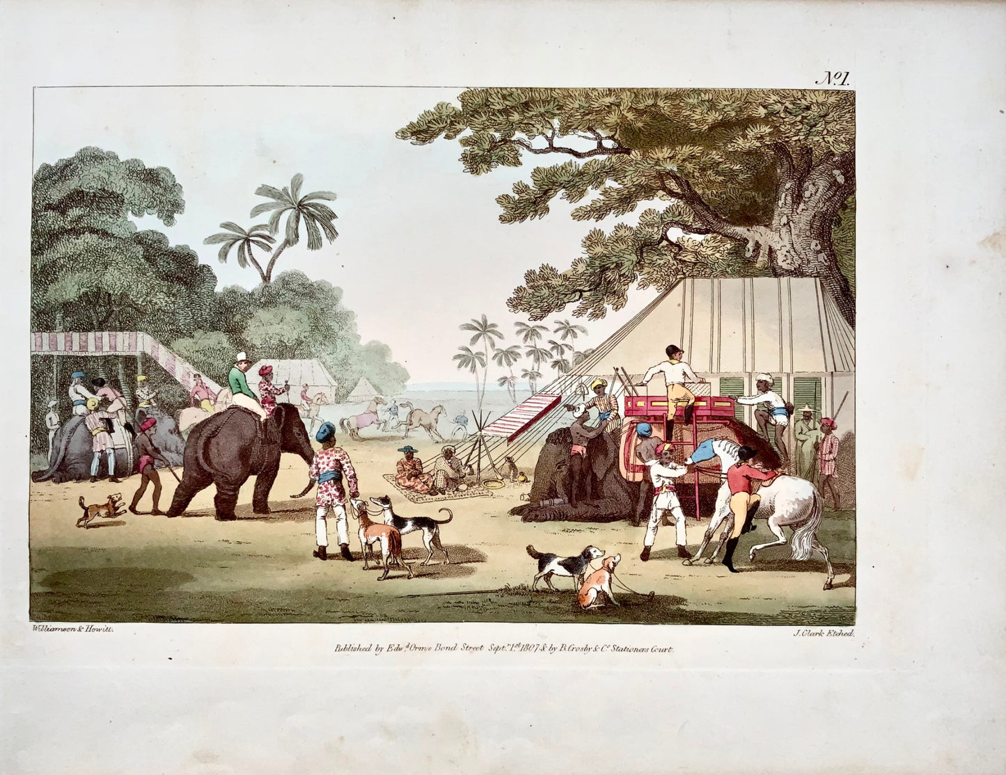 1807 Th. Williamson, Preparations for a Hunt, hand coloured aquatint, sports, india, foreign topography