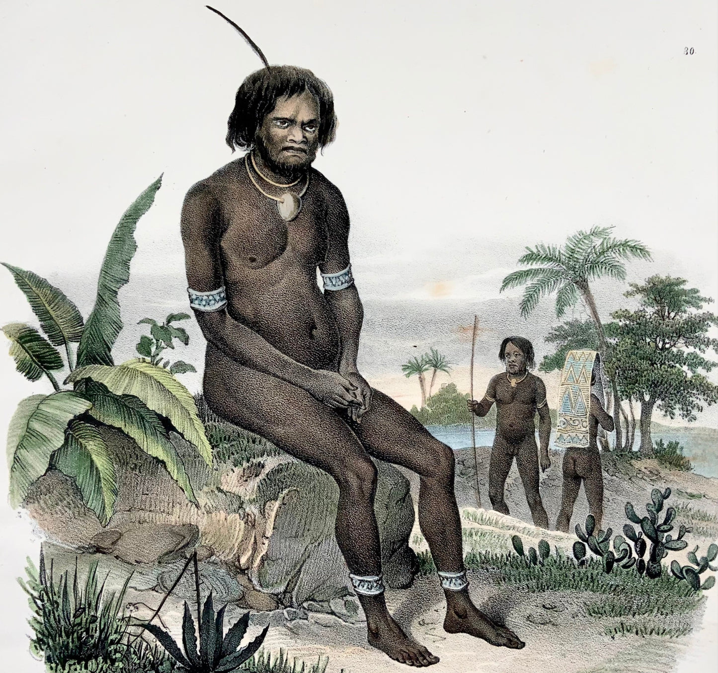 1840 Natives of Papua-Neuguinea, Honegger, hand coloured folio stone lithography