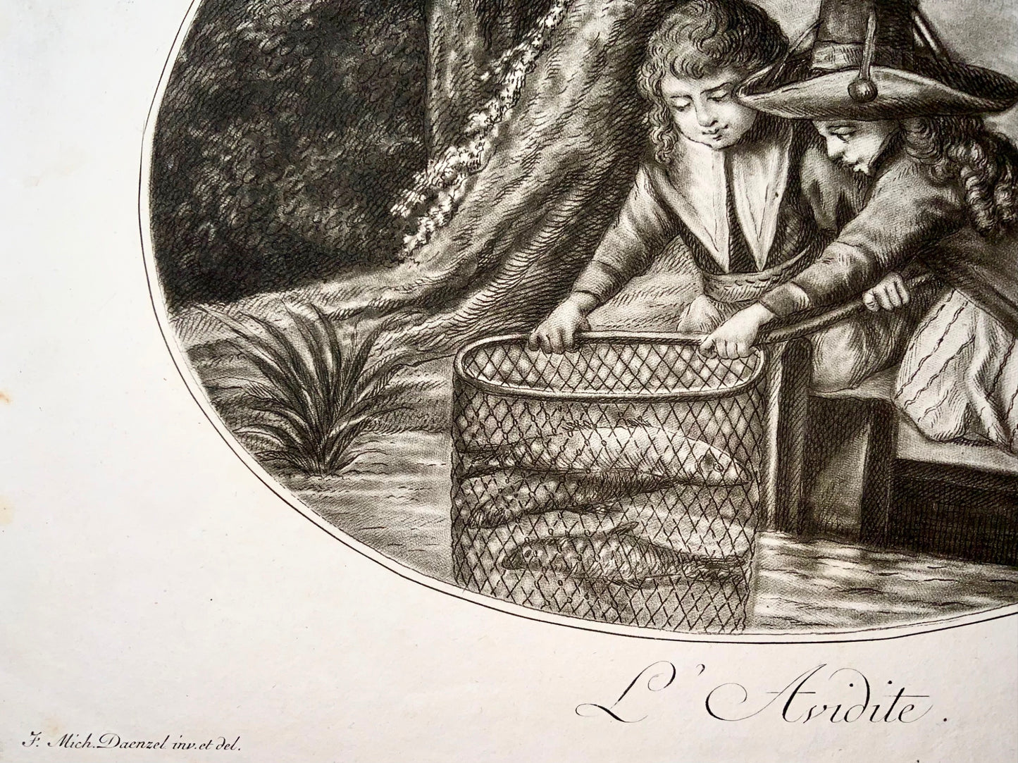 1780c JM Daenzel, Haid, L'Appetit, L'Avidite, poisson, nourriture, 2 gravures au pointillé