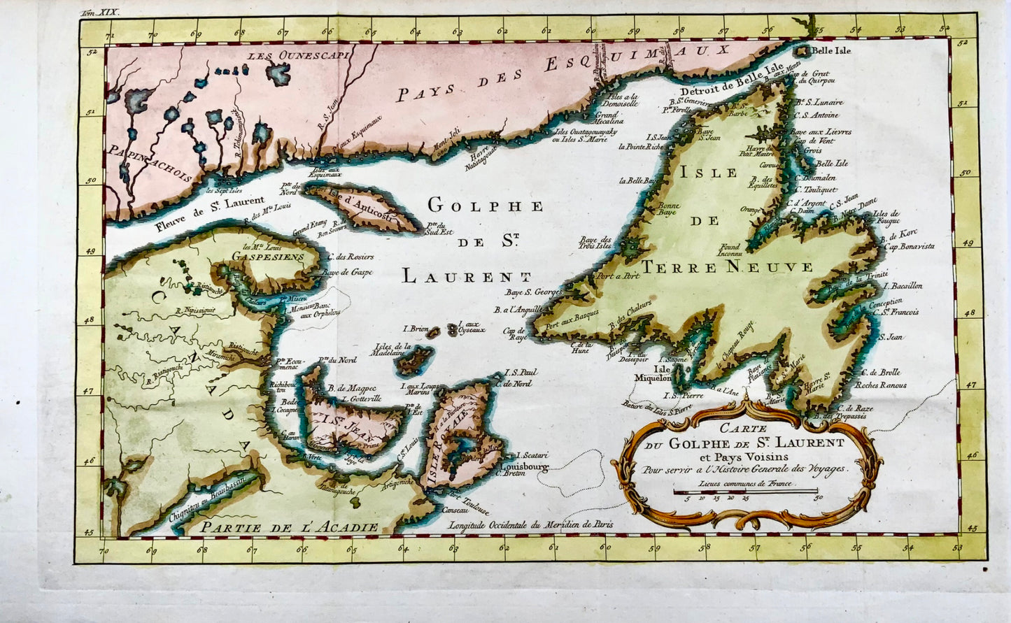 1767 Bellin, Canada, Golfe du Saint-Laurent, gravure coloriée à la main