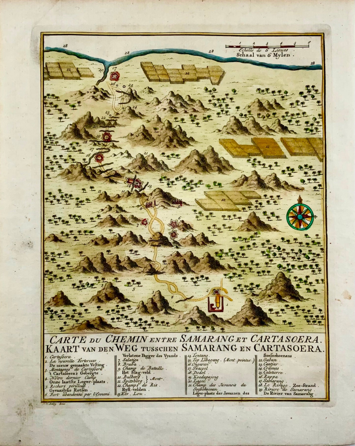 1763 Carte de l'Indonésie, Semarang, Kartasoera, Soerabaya par Schley