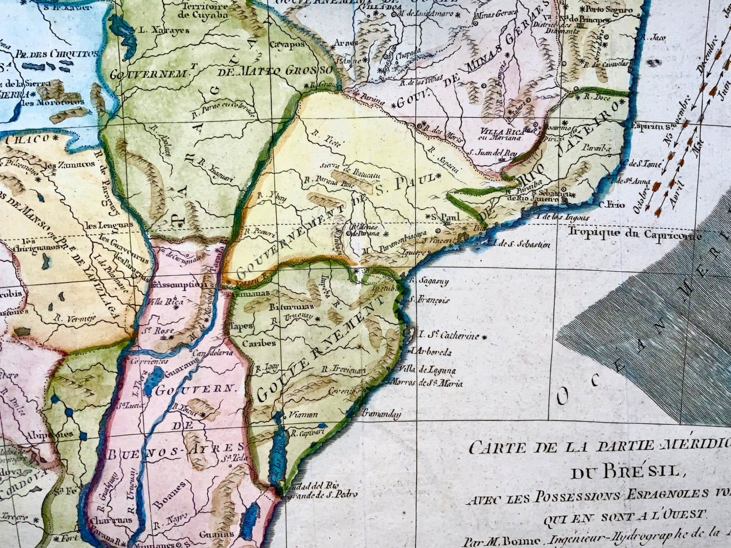 1780 Brésil, Brésil, possessions espagnoles, Bonne, carte gravée colorée à la main