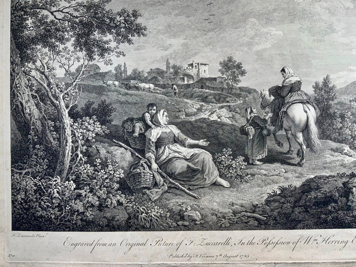 1753 F. Zuccarelli, scène pastorale à l'italienne, grande gravure impressionnante, art classique