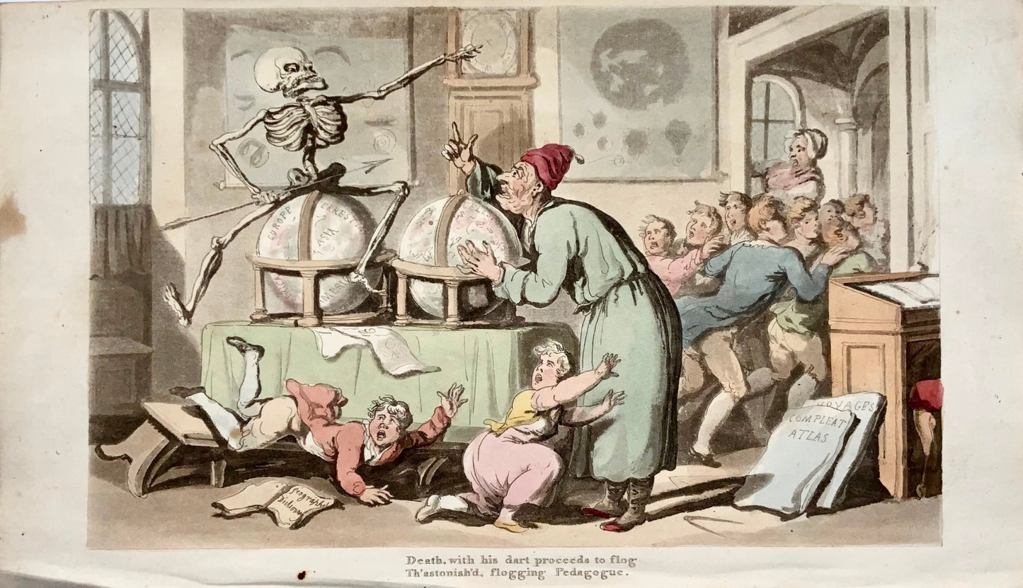 1815 Thomas Rowlandson, Danse de la mort, cartes, globes, aquatinte coloriée à la main, caricature
