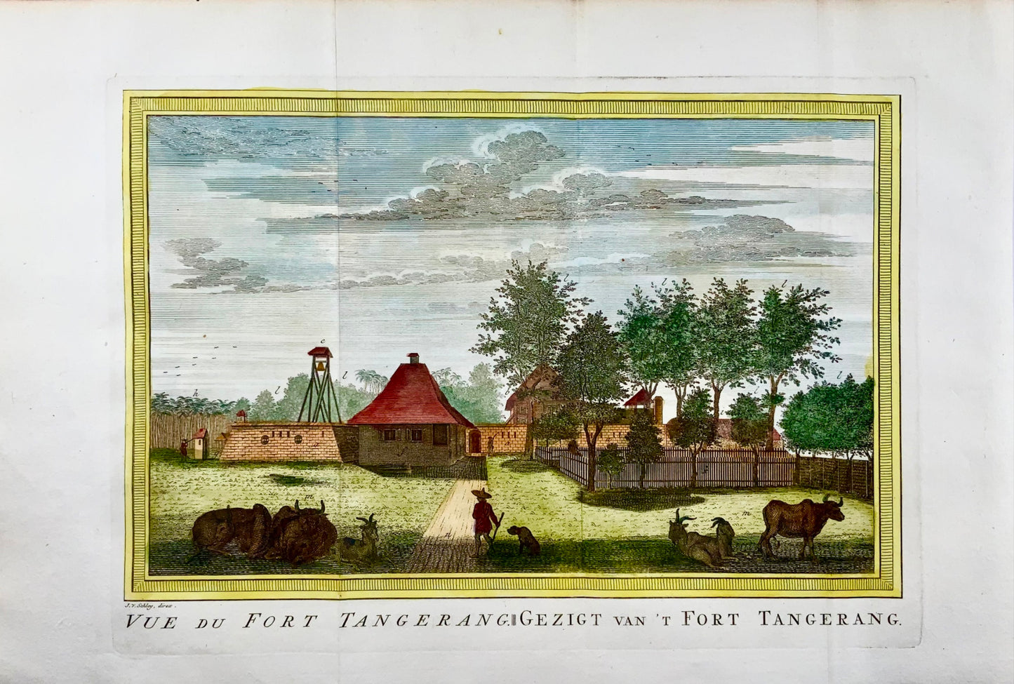 1763 J. Schley, vue du Fort Tangerang, Indonésie, folio colorié à la main, topographie étrangère